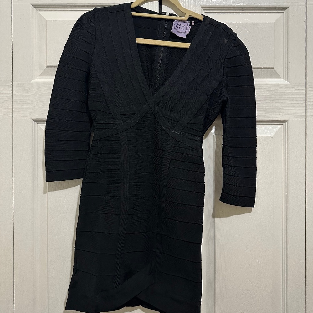 Black Herve Leger Icon Dress with v-neck and three quarter sleeves